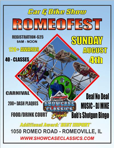 Sunday, August 4th - RomeoFest Car & Bike Show in Romeoville